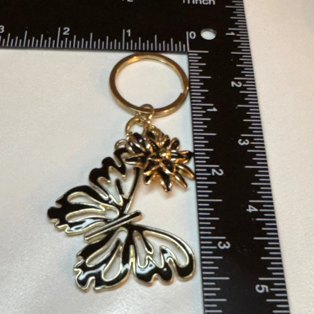 Butterfly Keychain Gold Tone Flower‎ Charm Purse Bag Accessory
